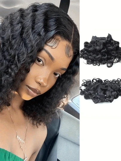 8英寸（约20厘米）、95克（约3.6克）弹力卷曲真人发，短卷发，自然黑色，蓬松丰盈，适合所有女性及各种场合。