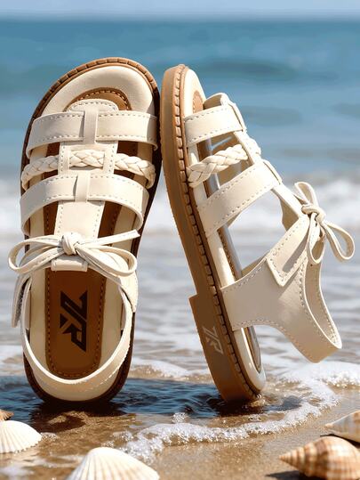 2024夏季新款女童复古编织蝴蝶结仿皮凉鞋，米色软底露趾凉鞋，日常穿着、校园、夏季街头风必备单品，流行潮流女童凉鞋，时尚复古设计儿童凉鞋，软底不磨脚，理想的节日礼物