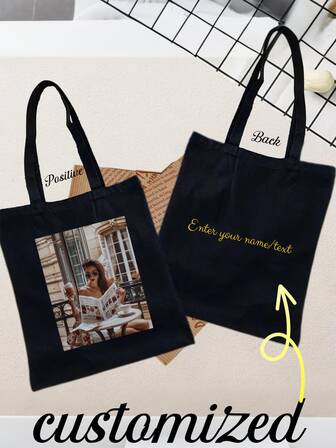 1pc Customized Foldable Canvas Tote Bag, Lightweight Casual Shopping Bag, Personalized Souvenir, Party Decor, Unique Minimalist Fashionable Foldable Handbag, Suitable For Valentine's Day, Halloween, Christmas, Birthday, New Year Gifts, Charming