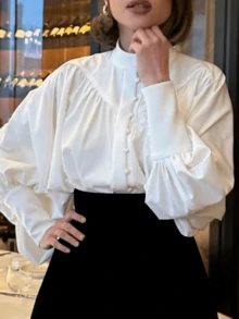 French Fashion Style White Stand-Up Collar Lantern Sleeve Shirt Autumn Court Style Women's Long Sleeve Top - White - View 2