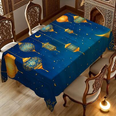 1/20pcs Tablecloth, Islamic Festival Decor Lantern & Crescent Pattern, Blue & Gold Design, Polyester Material, Suitable For Home Kitchen, Outdoor Garden Party, Banquet Decoration