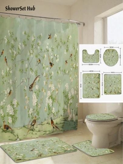1/3/4件套优雅中式花鸟浴帘浴室套装，柔和绿色植物图案，防水耐磨配件，带12个挂钩 - 包括马桶盖套、浴垫和地毯 - 塑料面料 - 可水洗，防霉 - 非常适合节日装饰、家居/卧室/住宅/西式/春季装饰。