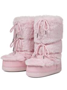 Women's Platform Fur Snow Boots Y2K Fuzzy Fluffy Furry Winter Comfy Ankle Boots For Women Round Toe Platform Lace-Up Fur Boots For Winter Daily Life And Halloween Party - 粉色 - 查看 3