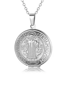 1 chiếc vòng cổ mặt dây chuyền khắc hình linh mục cổ điển bằng thép không gỉ mạ vàng 18K, vòng cổ mặt dây chuyền tròn phong cách Pháp cổ điển dành cho nam giới để lưu trữ ảnh, dây chuyền cổ áo tôn giáo Thánh Benedict - Nhiều màu - Xem 3