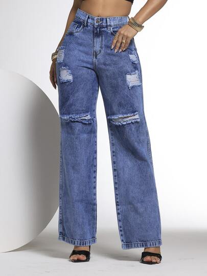 Calça Wide Leg Jeans Feminina Marmorizada Navalhada  Cintura Alta 100% Algodão Premium
