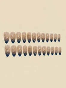 24pcs 3D Star & Moon Themed Nail Stickers, Y2K Style Nail Art, Tie Dye Blue Nail Stickers, Autumn Nail Stickers Nails - Navy Blue - View 3