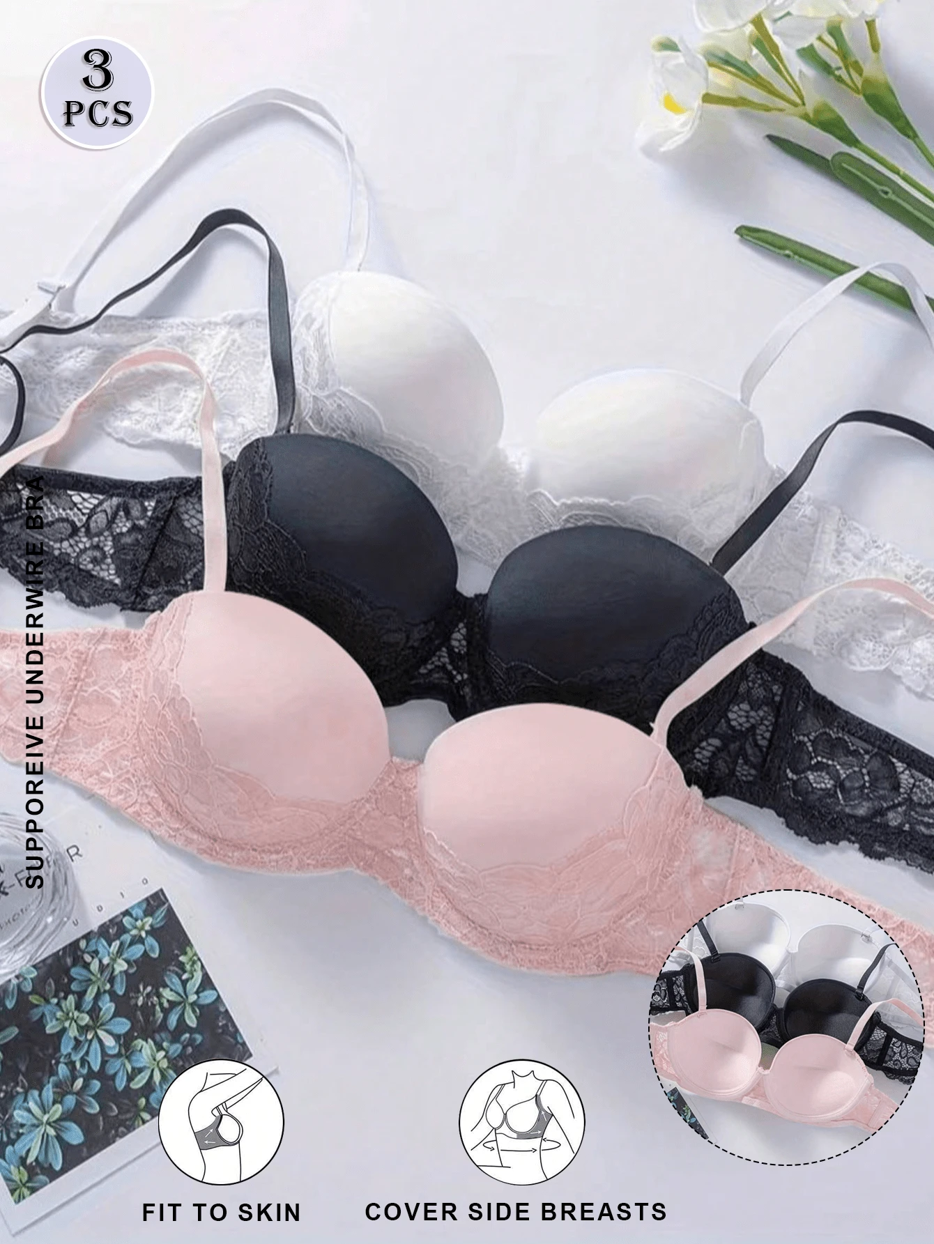 3pcs Minimalist Sexy Solid Color Lace Patchwork Spaghetti Strap Bras For Women - Multicolor - View 1