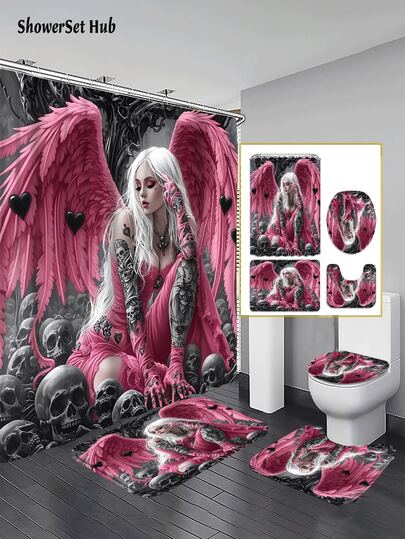 1/3/4pcs Pink Gothic Angel Shower Curtain Bathroom Sets, Pink Wings, Tattoo & Skull Print Waterproof And Wear-Resistant Accessories,With 12 Hooks - Includes Toilet Seat Cover, Bath Mats, And Rugs - Plastic Fabric - Washable,Mildew-Resistant - Perfect For Holiday Decor,Home/Bedroom/House/Western/Spring Decor,
