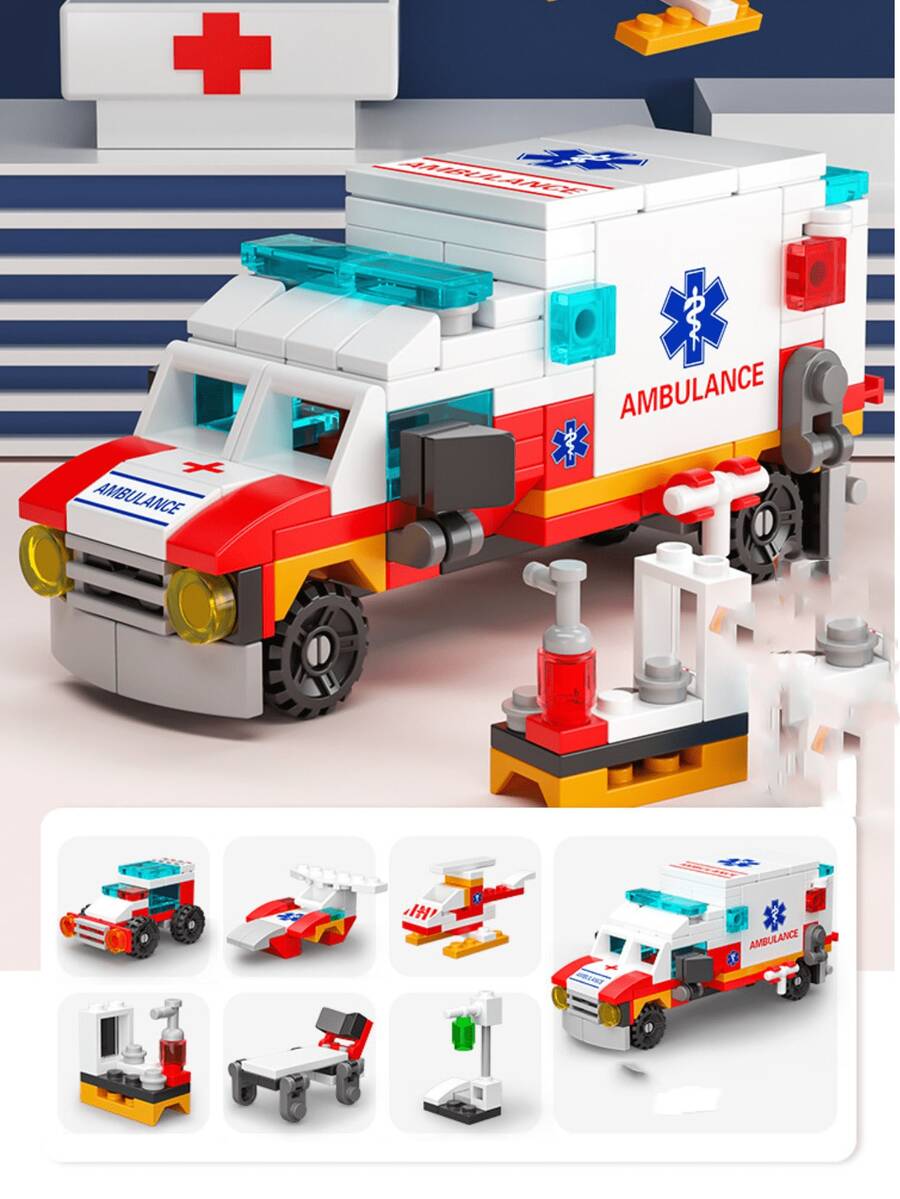 Ensemble de mini blocs de construction 6 en 1 avec petites particules: service d'incendie, police, char, ambulance, voiture, véhicule de construction pour les garçons. Jouet éducatif et intellectuel de puzzle d'assemblage, cadeau de décoration de chambre, cadeaux d'hiver - Multicolore - Voir 1
