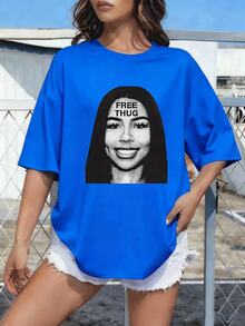 Payeah Vintage Rapper Star Print Casual Short Sleeve T-Shirt 1 Pcs 220g Heavy Cotton T Shirt - Màu xanh lam - Xem 2