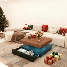 FKWin Mesa de centro LED para sala de estar con espacio de almacenamiento: mesa central blanca moderna de alto brillo con 2 cajones, mesa central de madera cuadrada con luces de 16 colores - Marrón y negro - Cajón individual - Ver 10