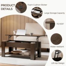 Butterslay 1PC Rustic Lift-Top Coffee Table, Center Table With Hidden Compartment & Open Shelf, Space-Saving Side Table For Living Room, Reception Room, Office - cà phê espresso - Xem 3