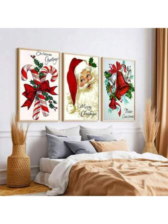 3pcs/Setno Frame Vintage Merry Christmas, Santa Claus, Christmas Bells, Bow Posters And Prints, The Most Beautiful Christmas Decoration Canvas Wall Art For Bedroom Living Room Decor,Retro Canvas Painting,Canvas Wall Art Gift, Christmas Decorative,No Frames Include