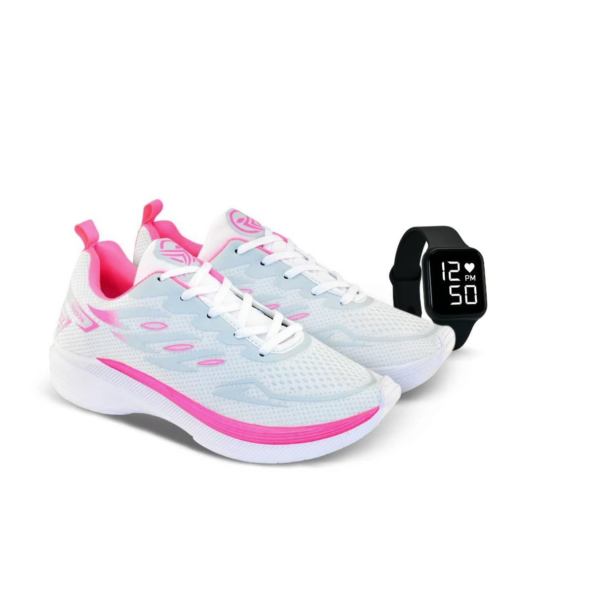 Women's Comfortable Athletic Shoes Kit + Modern Square Digital Watch For Workouts - White\Pink - View 1