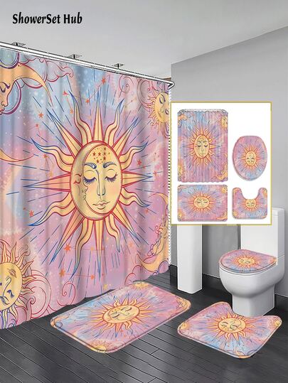 1/3/4件套波西米亚风日月星座浴帘浴室套装，星空印花防水耐磨配件，带12个挂钩 - 包括马桶盖套、浴垫和地毯 - 塑料面料 - 可水洗，防霉 - 非常适合节日装饰、家居/卧室/住宅/西式/春季装饰
