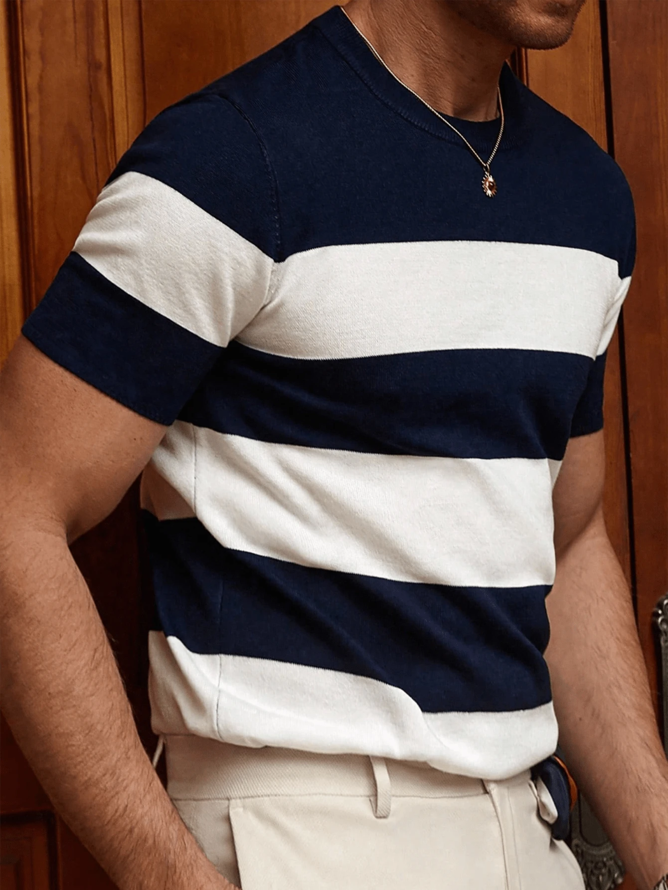 ALTZTAR Men's Round Neck Short Sleeve Solid Color Patchwork Casual Knit Top - Navy Blue - View 1