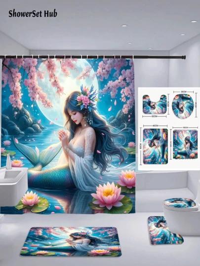 1/3/4pcs Mermaid Shower Curtain Bathroom Sets, Cherry Blossom, Moon & Lotus Print Waterproof And Wear-Resistant Accessories,With 12 Hooks - Includes Toilet Seat Cover, Bath Mats, And Rugs - Plastic Fabric - Washable,Mildew-Resistant - Perfect For Holiday Decor,Home/Bedroom/House/Western/Spring Decor,