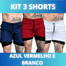 Set Of 3 Men's 2-In-1 DryFit Shorts For Running, Gym, Training, And Running With Cell Phone Pocket - KIT 3 Blue Red White - View 1