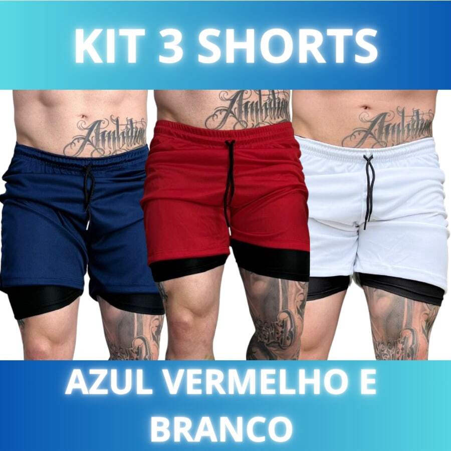 Set Of 3 Men's 2-In-1 DryFit Shorts For Running, Gym, Training, And Running With Cell Phone Pocket - KIT 3 Blue Red White - View 1