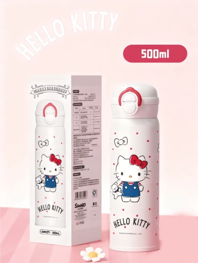 Sanrio Hello Kitty Double Drink Thermos 500 ml, high-quality SUS316 steel, straw or direct-sip lid, vacuum insulation keeps drinks hot/cold for hours, silicone seal ring, flip-lock, hot/cold for hours, silicone seal ring, flip-lock, hot/c base fits car holders & backpack pockets, perfect for school, office, travel, gift-ready for Sanrio fans