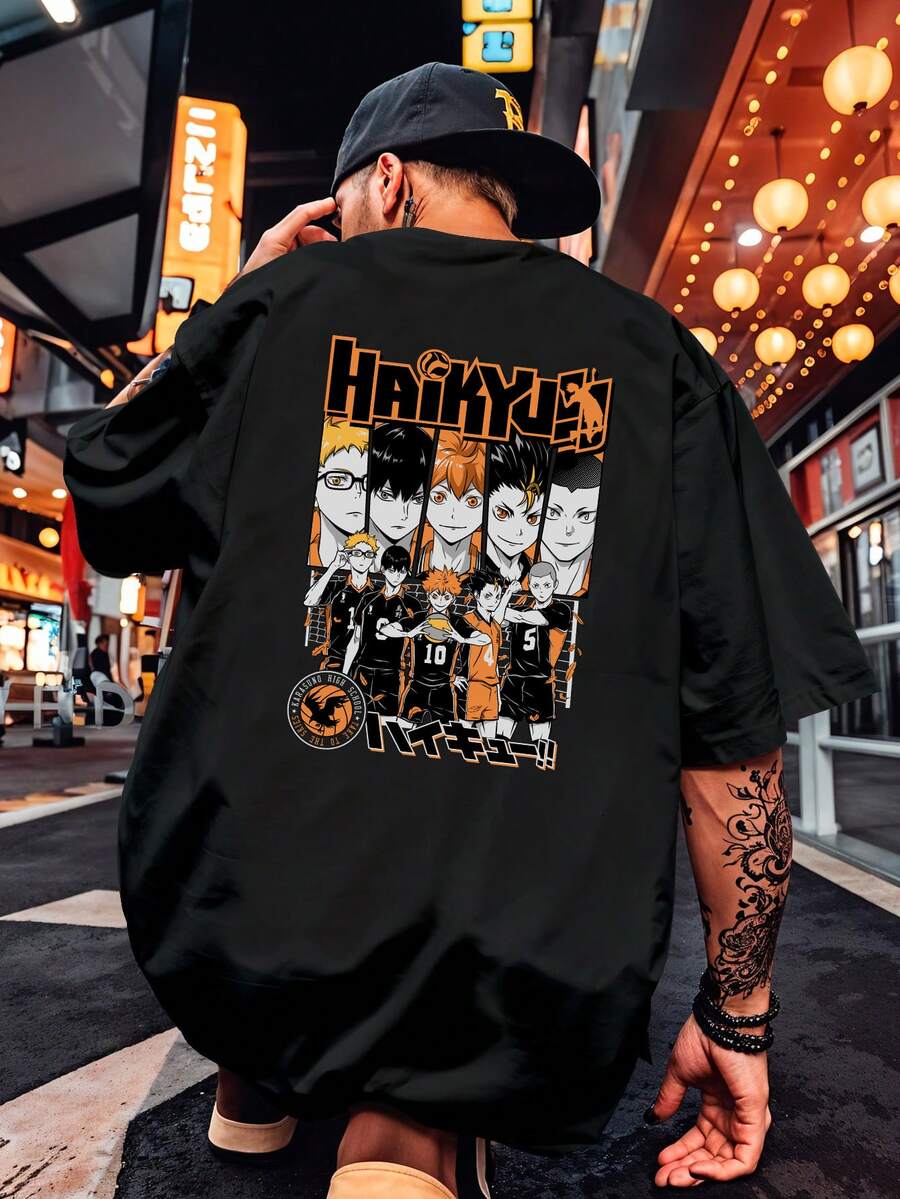 Anime T-Shirt Haykiu Manga Japanese Geek Shirt Blouse Unisex Men's Women's 100% Cotton New Release Immediate Shipping Black White Plus Size - 黑色 - 查看 1
