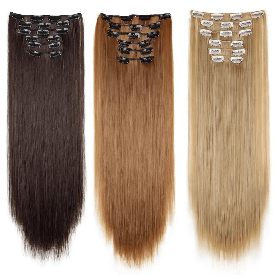 Extensiones de cabello sintéticas de 24 pulgadas con 16 clips, estilo de cabello liso, color rubio y negro, resistentes al calor, para uso diario