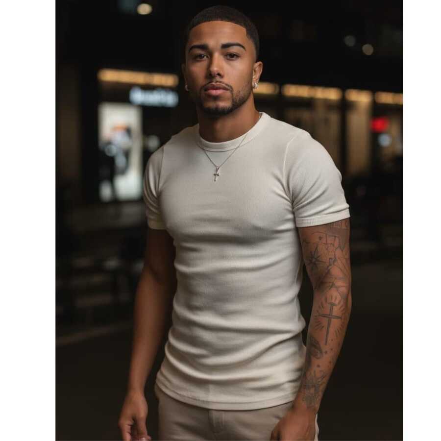 American Ribbed Slim Fit T-Shirt - Light Beige - View 1