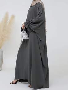 رمضان فستان رداء أنيق بأكمام طويلة ذو لون واحد، فستان فضفاض طويل الأرضية، ملابس نسائية - رمادي - مشاهدة 3