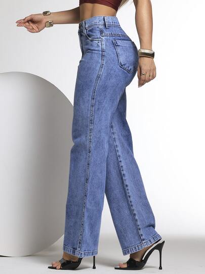 Calça Wide Leg Jeans Feminina Marmorizada Navalhada  Cintura Alta 100% Algodão Premium