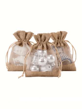 10/20 st presentpåsar av säckväv och organza med dragsko och genomskinligt fönster - rustikt naturligt snöre för bröllopsgåvor, festdekorationer och hantverk, bröllopsdekorationer