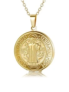 1 chiếc vòng cổ mặt dây chuyền khắc hình linh mục cổ điển bằng thép không gỉ mạ vàng 18K, vòng cổ mặt dây chuyền tròn phong cách Pháp cổ điển dành cho nam giới để lưu trữ ảnh, dây chuyền cổ áo tôn giáo Thánh Benedict - Nhiều màu - Xem 6