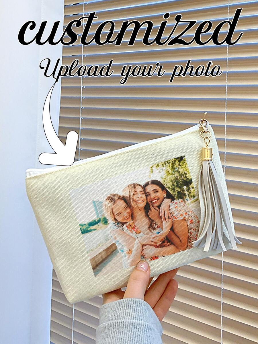 1pc Customized Canvas Tote Bag, Can Print Photos & Landscape Illustrations, Unique Foldable Large Capacity Lightweight & Fashionable Personalized Canvas Bag, With Inner Makeup Pouch, Clutch, Wallet, Storage Bag, Cute Tassel Design, Suitable For Mother's Day, Valentine's Day, Teacher's Day, Thanksgiving, Halloween, Christmas, And Girls Travel Essential - one-size - View 1