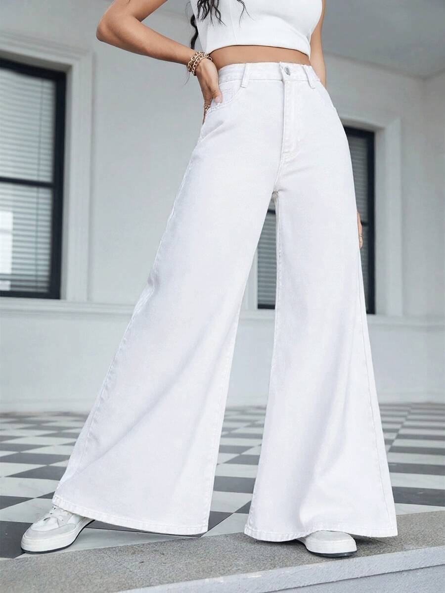 Jeans anchos de pierna ancha, de unicolor, con bolsillo, casuales y sueltos, color blanco, para primavera