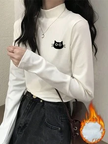 270克保暖高领打底衫，修身猫咪印花长袖T恤，冬季百搭内层 - 白色 - 查看 1