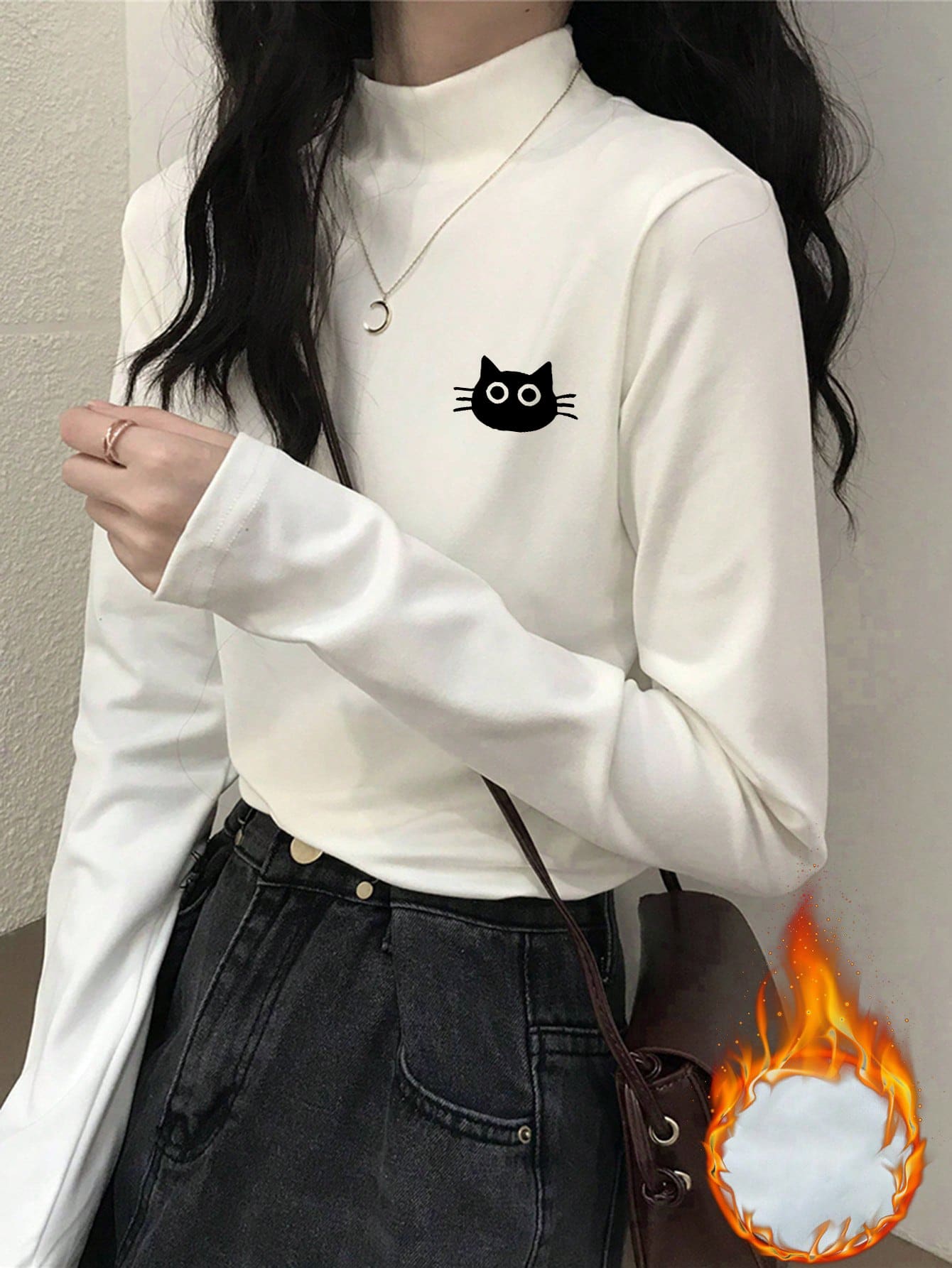 270克保暖高领打底衫，修身猫咪印花长袖T恤，冬季百搭内层 - 白色 - 查看 1