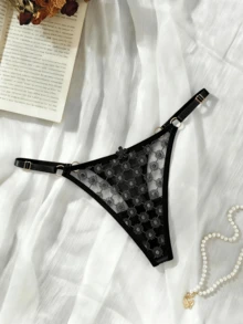 1pc Women's Customized Text & Floral Lace Black Sheer Sexy Lingerie, Seductive Thong, Suitable For Romantic Night & Valentine's Day Gift - Multicolor - View 6