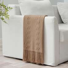 鼠尾草绿毛毯，适合沙发，波西米亚风家居装饰；浅蓝色沙发毯，适合客厅沙发。 - 卡其色 - 查看 2