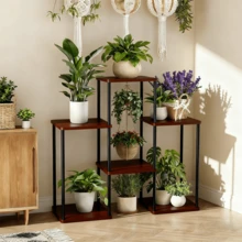 1件室内金属木质植物架，多层盆栽植物收纳架，适用于多种植物，多种款式可选，适合客厅、阳台、卧室及其他家居装饰风格 - 彩色 - 查看 4