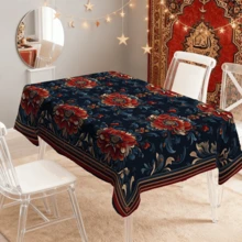 1/20pcs Tablecloth, Navy Blue Base With Red Floral Pattern, Polyester Material, Suitable For Islamic Festivals, Home Kitchen, Outdoor Garden Parties, Restaurant Decoration, And Other Home Decor - Multicolor - View 12