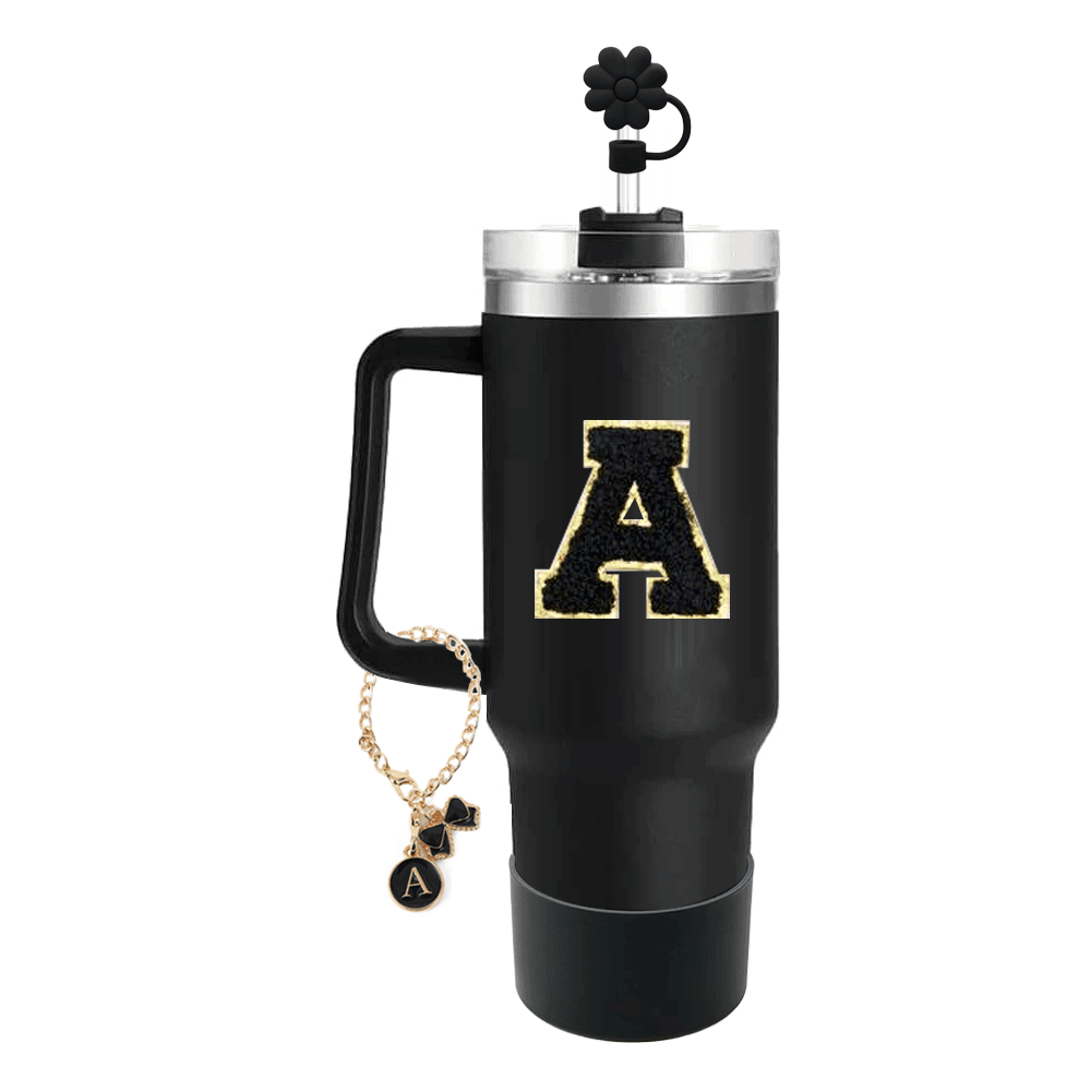 (Excluding Cup) A-Z 4-Piece Cup Accessory Set (30-40oz) - Accessory Set Includes: 1 Straw Lid, 1 Letter Charm, 1 Glossy Silicone Cup Bottom Protector, 1 Cup Letter Sticker - Black Suit - View 6