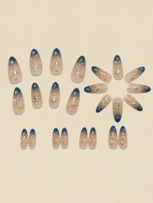 24pcs 3D Star & Moon Themed Nail Stickers, Y2K Style Nail Art, Tie Dye Blue Nail Stickers, Autumn Nail Stickers Nails - Navy Blue - View 2