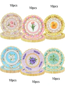 10pcs/60pcs/120pcs Floral Paper Plates Tea Party Plates Spring Flower Tea Party Dessert Okates 7 Inch Disposable Floral Plates Decorations For Afternoon Tea Party, Baby Shower, Bridal Shower, Birthday, Wedding And Any Celebration - Multicolor - View 9