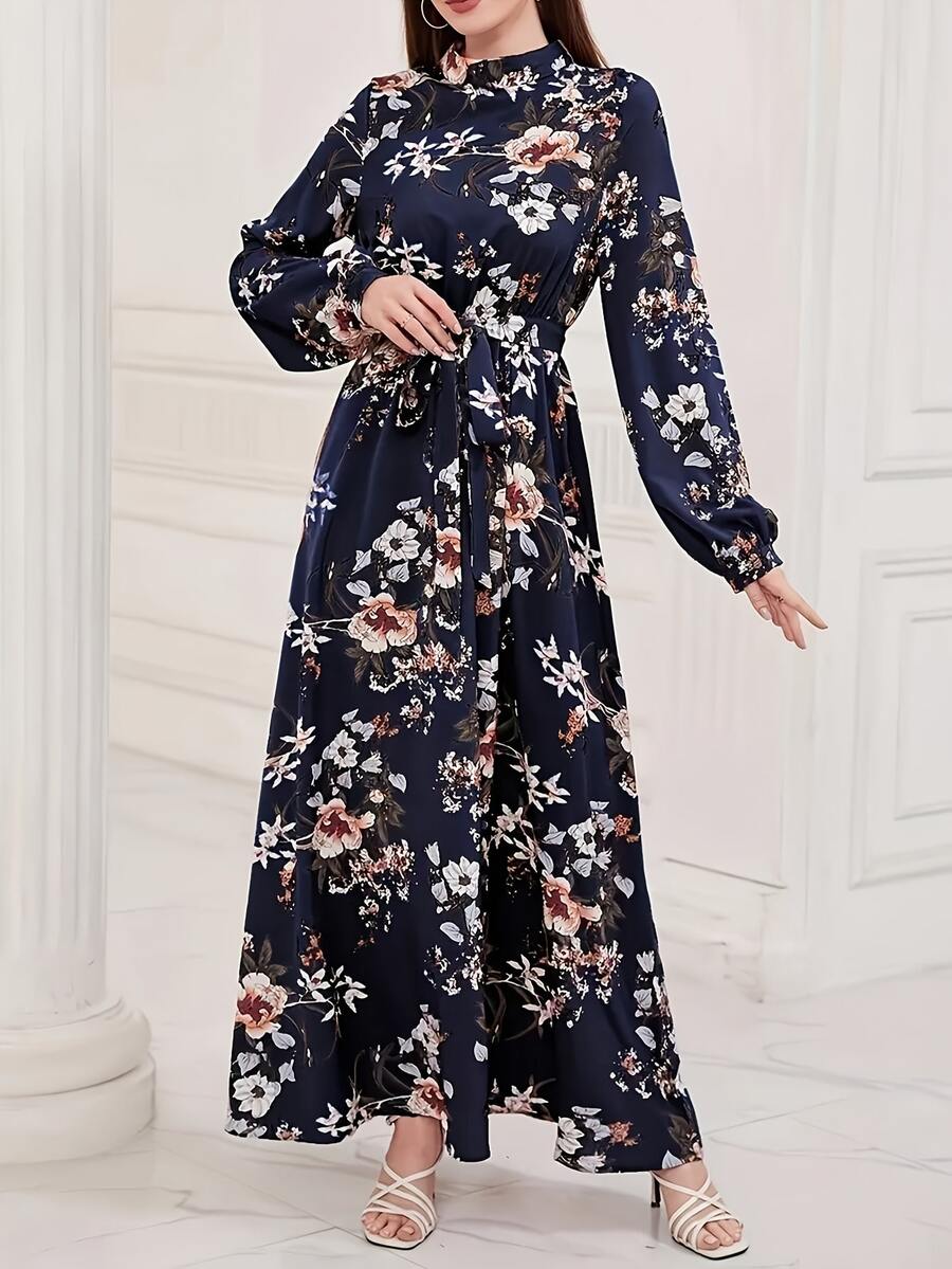 Floral Print Faux Collar Dress, Elegant Long Sleeve Belted Dress, Ramadan Women Clothing Vacation - Blue - View 1