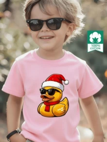 Esta nueva camiseta de manga corta para niño está hecha 100 % de algodón y luce un elegante estampado navideño de patos amarillos. Es informal y versátil, con un tejido suave y agradable para la piel que protege la delicada piel de los niños, permitiéndoles moverse con libertad y comodidad durante las reuniones familiares, las actividades escolares o los juegos al aire libre. - Rosa - Ver 1
