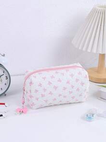 Personalized Letter Bow Makeup Bag, Suitable As Bride's Return Gift Or Bridesmaid Gift, Ladies' Toiletry Cosmetic Organizer Bag, Suitable For Birthday, Valentine's Day, Christmas, Thanksgiving, Wedding, Mother's Day, Bridesmaid Gift, Birthday Gift, Makeup Artist Storage Bag, All Season