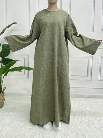 라마단 라운드넥 긴소매 터키 로브, 우아한 허리라인 플로어 길이 드레스, 여성복