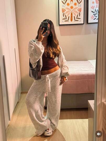 Conjunto Feminino de Tricot Mousse Premium Casaco Cardigan e Calça Pantalona Com Amarração Tricô Fio Musse Moda Blogueira