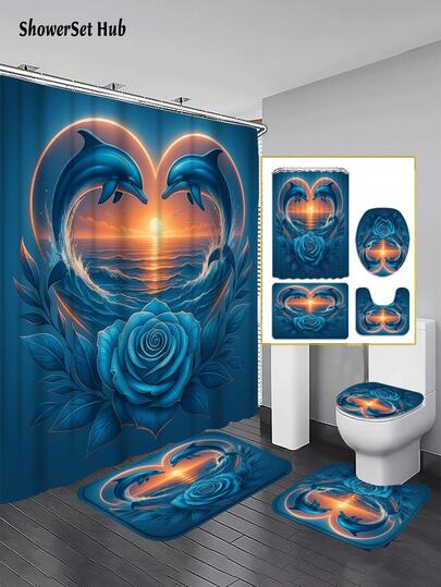 情人节装饰 1/3/4 件套海豚爱心蓝玫瑰浴帘浴室套装，浪漫海洋日落防水耐磨配件，带 12 个挂钩 - 包括马桶盖、浴垫和地毯 - 塑料面料 - 可水洗，防霉 - 非常适合节日装饰、家居/卧室/房屋/西式/春季装饰
