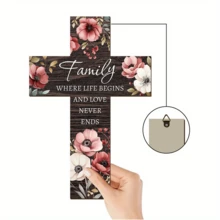 1pc Wooden Cross-Shaped Wall Decor Plaque, Rustic Warm Tone Wood Grain Floral Design, "Family" & "Blessing" Healing Text, Cozy Home Hanging Decor, Suitable For Entryway, Living Room, Bedroom, Spring Renewal, Holiday Decoration, Romantic Family Gift For Valentine's Day, Easter Hope & Gratitude Ambiance - Chocolate Brown - View 7