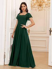 Volly Toych Elegant Square Neck Chiffon Bridesmaid Dress With Ruffle Short Sleeves And Tie-Back Long Design - Dark Green - View 6
